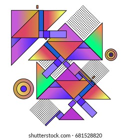 Trendy geometrical vector illustration with elements and abstract colorful textures. Design for summer holiday poster, card, brochure, and promotion template. Fashion art print and background.