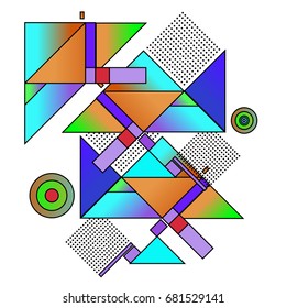 Trendy geometrical vector illustration with elements and abstract colorful textures. Design for summer holiday poster, card, brochure, and promotion template. Fashion art print and background.