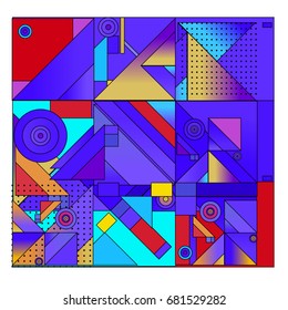 Trendy geometrical vector illustration with elements and abstract colorful textures. Design for summer holiday poster, card, brochure, and promotion template. Fashion art print and background.