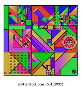 Trendy geometrical vector illustration with elements and abstract colorful textures. Design for summer holiday poster, card, brochure, and promotion template. Fashion art print and background.