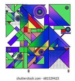 Trendy geometrical vector illustration with elements and abstract colorful textures. Design for summer holiday poster, card, brochure, and promotion template. Fashion art print and background.