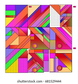 Trendy geometrical vector illustration with elements and abstract colorful textures. Design for summer holiday poster, card, brochure, and promotion template. Fashion art print and background.