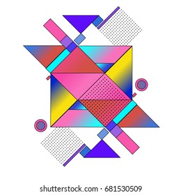 Trendy geometrical vector illustration with elements and abstract colorful textures. Design for summer holiday poster, card, brochure, and promotion template. Fashion art print and background.