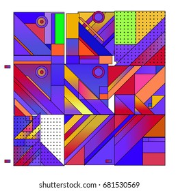 Trendy geometrical vector illustration with elements and abstract colorful textures. Design for summer holiday poster, card, brochure, and promotion template. Fashion art print and background.