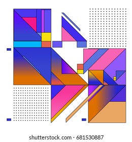 Trendy geometrical vector illustration with elements and abstract colorful textures. Design for summer holiday poster, card, brochure, and promotion template. Fashion art print and background.