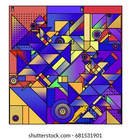 Trendy geometrical vector illustration with elements and abstract colorful textures. Design for summer holiday poster, card, brochure, and promotion template. Fashion art print and background.