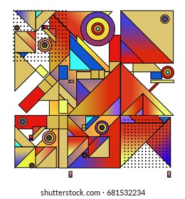 Trendy geometrical vector illustration with elements and abstract colorful textures. Design for summer holiday poster, card, brochure, and promotion template. Fashion art print and background.