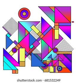 Trendy geometrical vector illustration with elements and abstract colorful textures. Design for summer holiday poster, card, brochure, and promotion template. Fashion art print and background.