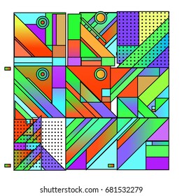 Trendy geometrical vector illustration with elements and abstract colorful textures. Design for summer holiday poster, card, brochure, and promotion template. Fashion art print and background.