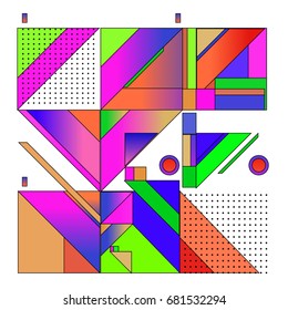 Trendy geometrical vector illustration with elements and abstract colorful textures. Design for summer holiday poster, card, brochure, and promotion template. Fashion art print and background.