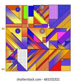 Trendy geometrical vector illustration with elements and abstract colorful textures. Design for summer holiday poster, card, brochure, and promotion template. Fashion art print and background.