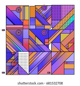 Trendy geometrical vector illustration with elements and abstract colorful textures. Design for summer holiday poster, card, brochure, and promotion template. Fashion art print and background.