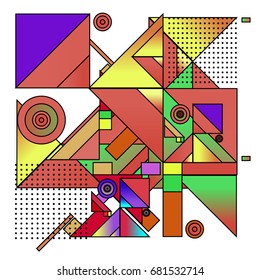 Trendy geometrical vector illustration with elements and abstract colorful textures. Design for summer holiday poster, card, brochure, and promotion template. Fashion art print and background.