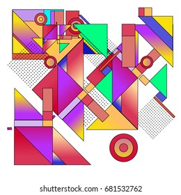 Trendy geometrical vector illustration with elements and abstract colorful textures. Design for summer holiday poster, card, brochure, and promotion template. Fashion art print and background.