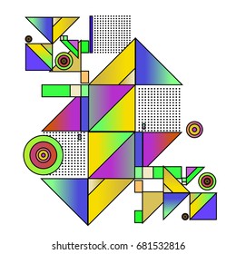 Trendy geometrical vector illustration with elements and abstract colorful textures. Design for summer holiday poster, card, brochure, and promotion template. Fashion art print and background.