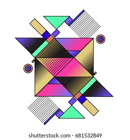 Trendy geometrical vector illustration with elements and abstract colorful textures. Design for summer holiday poster, card, brochure, and promotion template. Fashion art print and background.