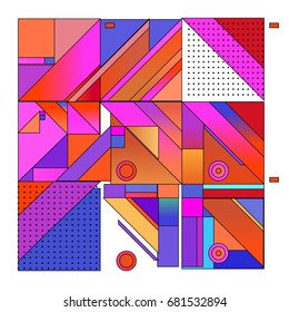 Trendy geometrical vector illustration with elements and abstract colorful textures. Design for summer holiday poster, card, brochure, and promotion template. Fashion art print and background.
