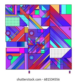Trendy geometrical vector illustration with elements and abstract colorful textures. Design for summer holiday poster, card, brochure, and promotion template. Fashion art print and background.