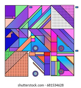 Trendy geometrical vector illustration with elements and abstract colorful textures. Design for summer holiday poster, card, brochure, and promotion template. Fashion art print and background.