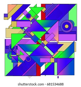 Trendy geometrical vector illustration with elements and abstract colorful textures. Design for summer holiday poster, card, brochure, and promotion template. Fashion art print and background.