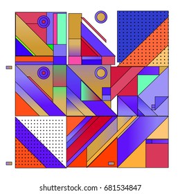 Trendy geometrical vector illustration with elements and abstract colorful textures. Design for summer holiday poster, card, brochure, and promotion template. Fashion art print and background.