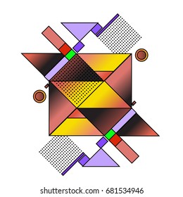 Trendy geometrical vector illustration with elements and abstract colorful textures. Design for summer holiday poster, card, brochure, and promotion template. Fashion art print and background.