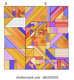Trendy geometrical vector illustration with elements and abstract colorful textures. Design for summer holiday poster, card, brochure, and promotion template. Fashion art print and background.