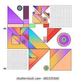 Trendy geometrical vector illustration with elements and abstract colorful textures. Design for summer holiday poster, card, brochure, and promotion template. Fashion art print and background.