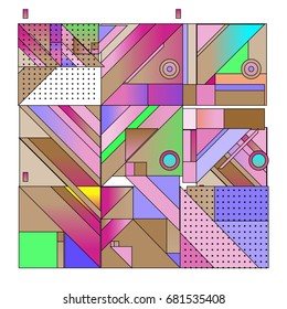 Trendy geometrical vector illustration with elements and abstract colorful textures. Design for summer holiday poster, card, brochure, and promotion template. Fashion art print and background.
