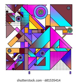 Trendy geometrical vector illustration with elements and abstract colorful textures. Design for summer holiday poster, card, brochure, and promotion template. Fashion art print and background.