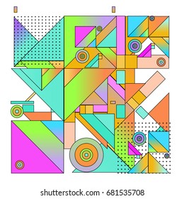 Trendy geometrical vector illustration with elements and abstract colorful textures. Design for summer holiday poster, card, brochure, and promotion template. Fashion art print and background.
