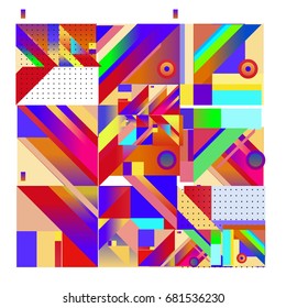 Trendy geometrical vector illustration with elements and abstract colorful textures. Design for summer holiday poster, card, brochure, and promotion template. Fashion art print and background.