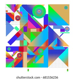 Trendy geometrical vector illustration with elements and abstract colorful textures. Design for summer holiday poster, card, brochure, and promotion template. Fashion art print and background.