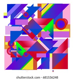 Trendy geometrical vector illustration with elements and abstract colorful textures. Design for summer holiday poster, card, brochure, and promotion template. Fashion art print and background.