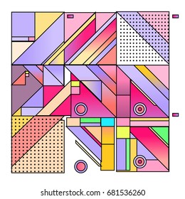 Trendy geometrical vector illustration with elements and abstract colorful textures. Design for summer holiday poster, card, brochure, and promotion template. Fashion art print and background.