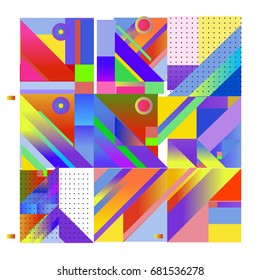 Trendy geometrical vector illustration with elements and abstract colorful textures. Design for summer holiday poster, card, brochure, and promotion template. Fashion art print and background.