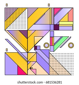 Trendy geometrical vector illustration with elements and abstract colorful textures. Design for summer holiday poster, card, brochure, and promotion template. Fashion art print and background.