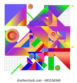 Trendy geometrical vector illustration with elements and abstract colorful textures. Design for summer holiday poster, card, brochure, and promotion template. Fashion art print and background.