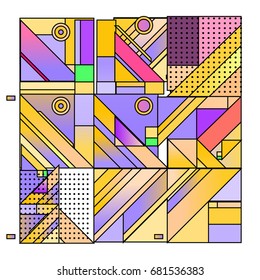 Trendy geometrical vector illustration with elements and abstract colorful textures. Design for summer holiday poster, card, brochure, and promotion template. Fashion art print and background.