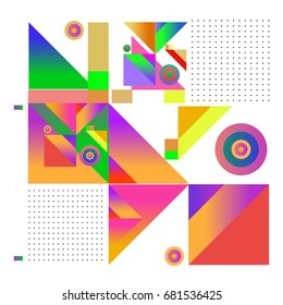 Trendy geometrical vector illustration with elements and abstract colorful textures. Design for summer holiday poster, card, brochure, and promotion template. Fashion art print and background.