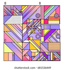 Trendy geometrical vector illustration with elements and abstract colorful textures. Design for summer holiday poster, card, brochure, and promotion template. Fashion art print and background.