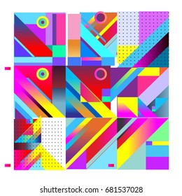 Trendy geometrical vector illustration with elements and abstract colorful textures. Design for summer holiday poster, card, brochure, and promotion template. Fashion art print and background.
