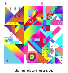Trendy geometrical vector illustration with elements and abstract colorful textures. Design for summer holiday poster, card, brochure, and promotion template. Fashion art print and background.