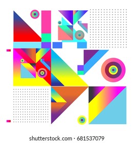 Trendy geometrical vector illustration with elements and abstract colorful textures. Design for summer holiday poster, card, brochure, and promotion template. Fashion art print and background.