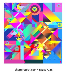 Trendy geometrical vector illustration with elements and abstract colorful textures. Design for summer holiday poster, card, brochure, and promotion template. Fashion art print and background.