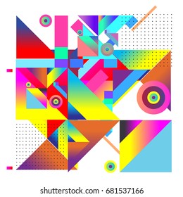 Trendy geometrical vector illustration with elements and abstract colorful textures. Design for summer holiday poster, card, brochure, and promotion template. Fashion art print and background.