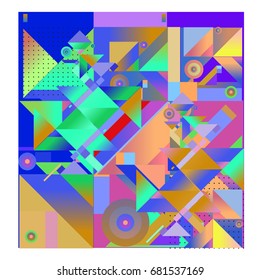 Trendy geometrical vector illustration with elements and abstract colorful textures. Design for summer holiday poster, card, brochure, and promotion template. Fashion art print and background.