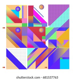 Trendy geometrical vector illustration with elements and abstract colorful textures. Design for summer holiday poster, card, brochure, and promotion template. Fashion art print and background.