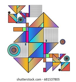 Trendy geometrical vector illustration with elements and abstract colorful textures. Design for summer holiday poster, card, brochure, and promotion template. Fashion art print and background.