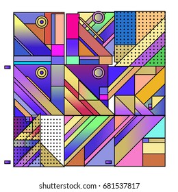 Trendy geometrical vector illustration with elements and abstract colorful textures. Design for summer holiday poster, card, brochure, and promotion template. Fashion art print and background.